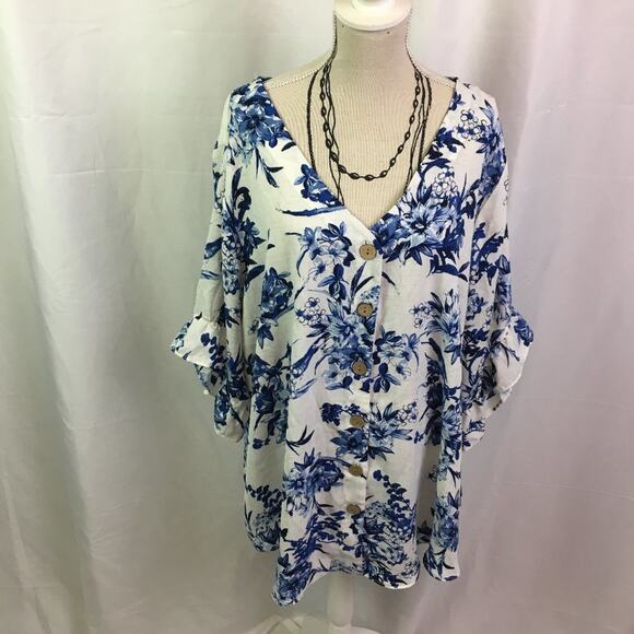 Alyx Button Down Bell Sleeve Top Sunshine Breeze Floral 1X - Picture 2 of 13